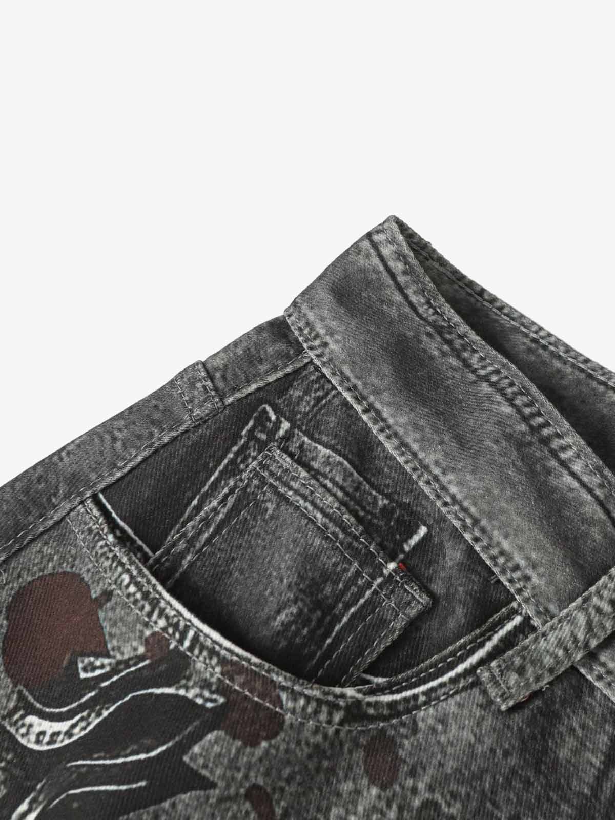 Black Printed Denim Wide-Leg Pants with Gothic Art Design for Men and Women 