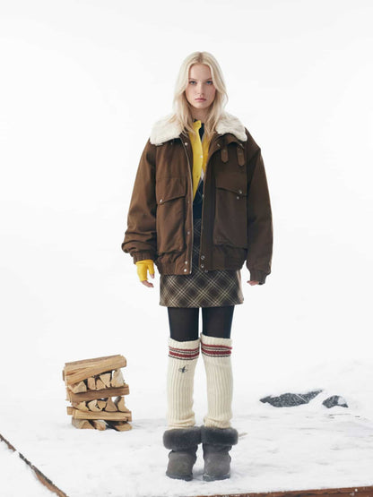 Winter Essential Bomber Jacket with Plaid Skirt Set 