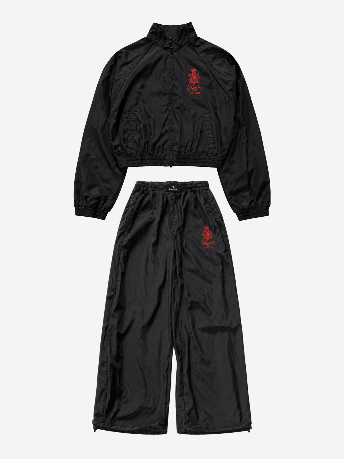 Embroidered Cropped Windbreaker Jacket & Relaxed Pants Set