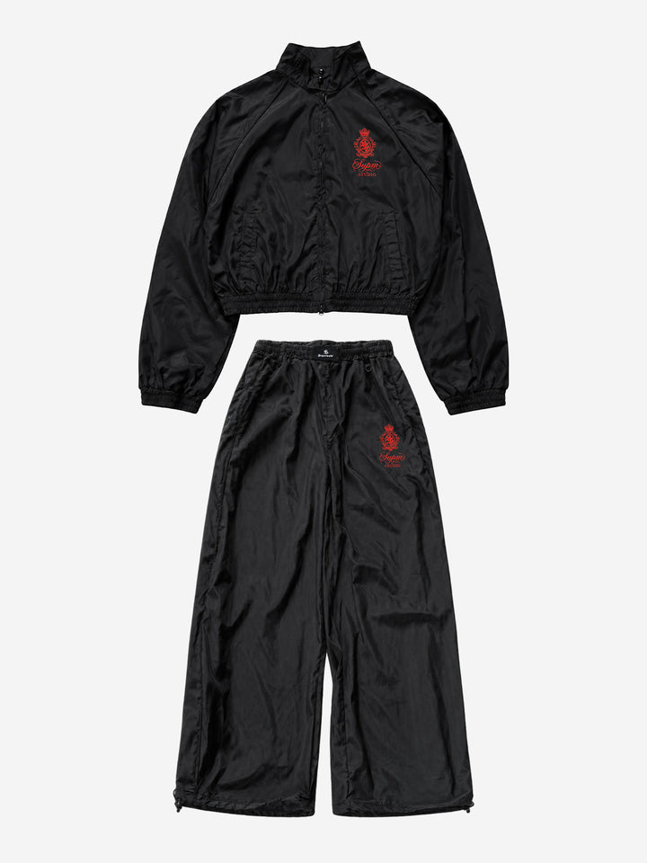 Embroidered Cropped Windbreaker Jacket & Relaxed Pants Set