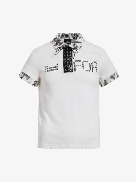 Cotton Polo Shirt with Leopard Print Collar & Cuff Detail