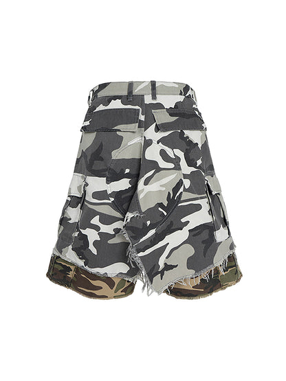 Retro Faux Two-Piece Whisker Camouflage Jorts - 2386 