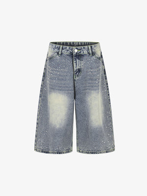 Rhinestone Distressed Denim Bermuda Shorts – Wide-Leg Cotton Streetwear Shorts