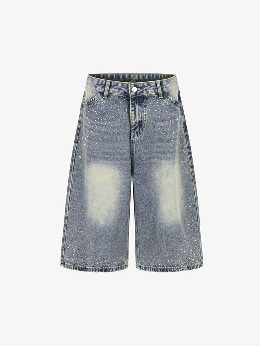 Rhinestone Distressed Denim Bermuda Shorts – Wide-Leg Cotton Streetwear Shorts