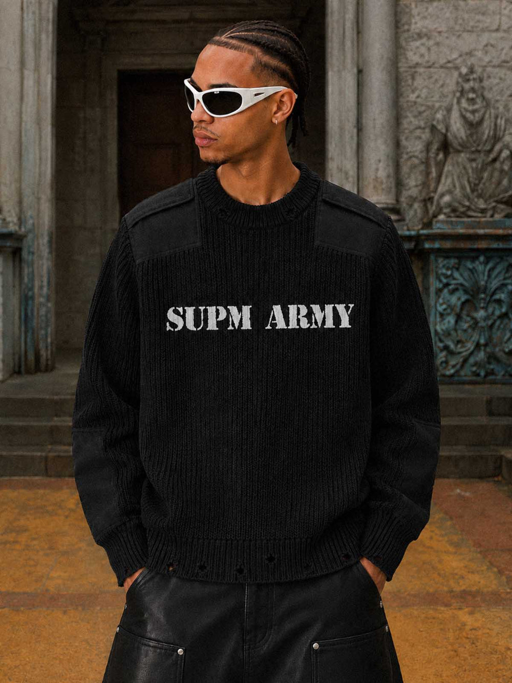 Embroidered Patchwork Distressed Knit Sweater