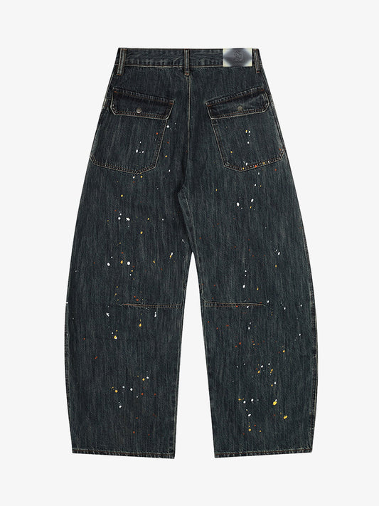 Distressed Denim Painter Pants with Artistic Splatter Design 