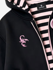 Scorpion Embroidered Striped-Lining Button-Up Hoodie