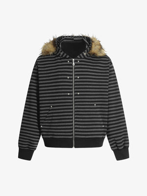 Thesupermade Detachable Fur Collar Striped Hooded Sweatshirt 
