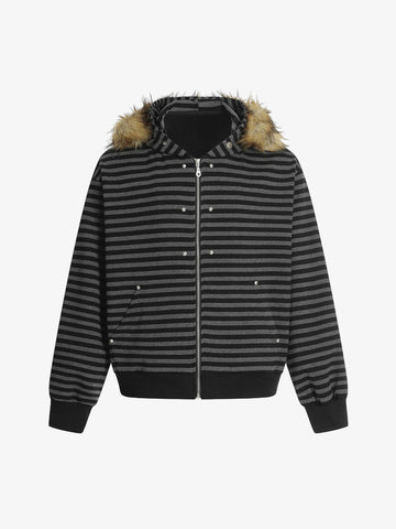 Detachable Fur Collar Striped Zip Up Hoodie 