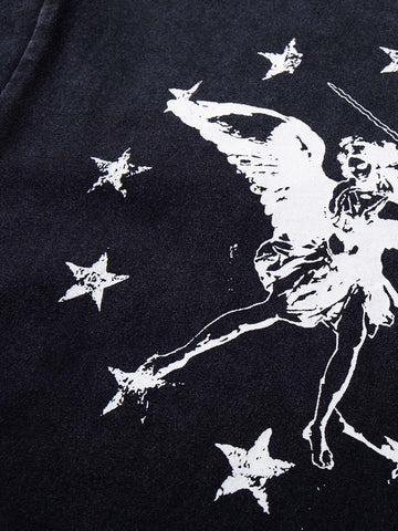 Distressed Angel Print Layered Striped Long Sleeve Tee