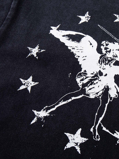 Distressed Angel Print Layered Striped Long Sleeve Tee