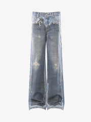 Vintage Distressed Print Wide Leg Jeans 