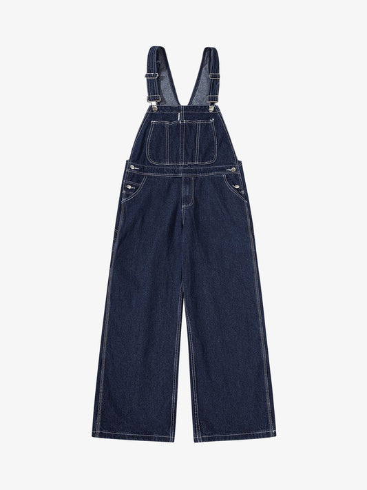 Vintage Contrast Stitch Raw Indigo Denim Wide-Leg Overalls 
