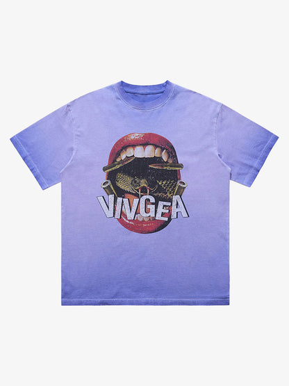 Retro Distressed Snake Scorpion Lips Print T-shirt 