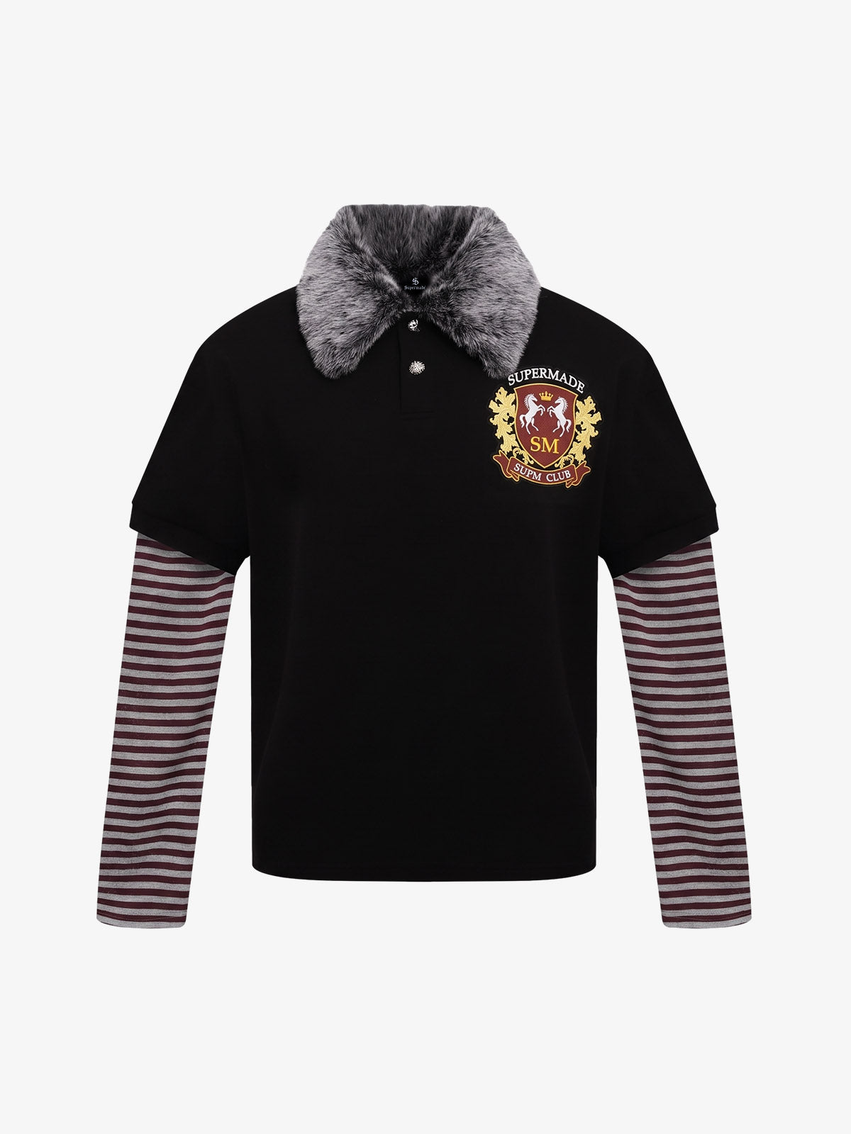 Striped Panel Faux-Fur Collar Long Sleeve Tee