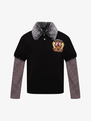 Striped Panel Faux-Fur Collar Long Sleeve Tee