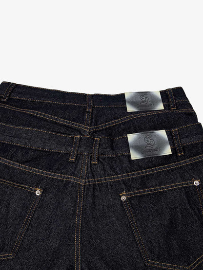 Raw Denim Oversized Shorts – High-Waisted Cotton with Dual Waistband & Rivet Detail