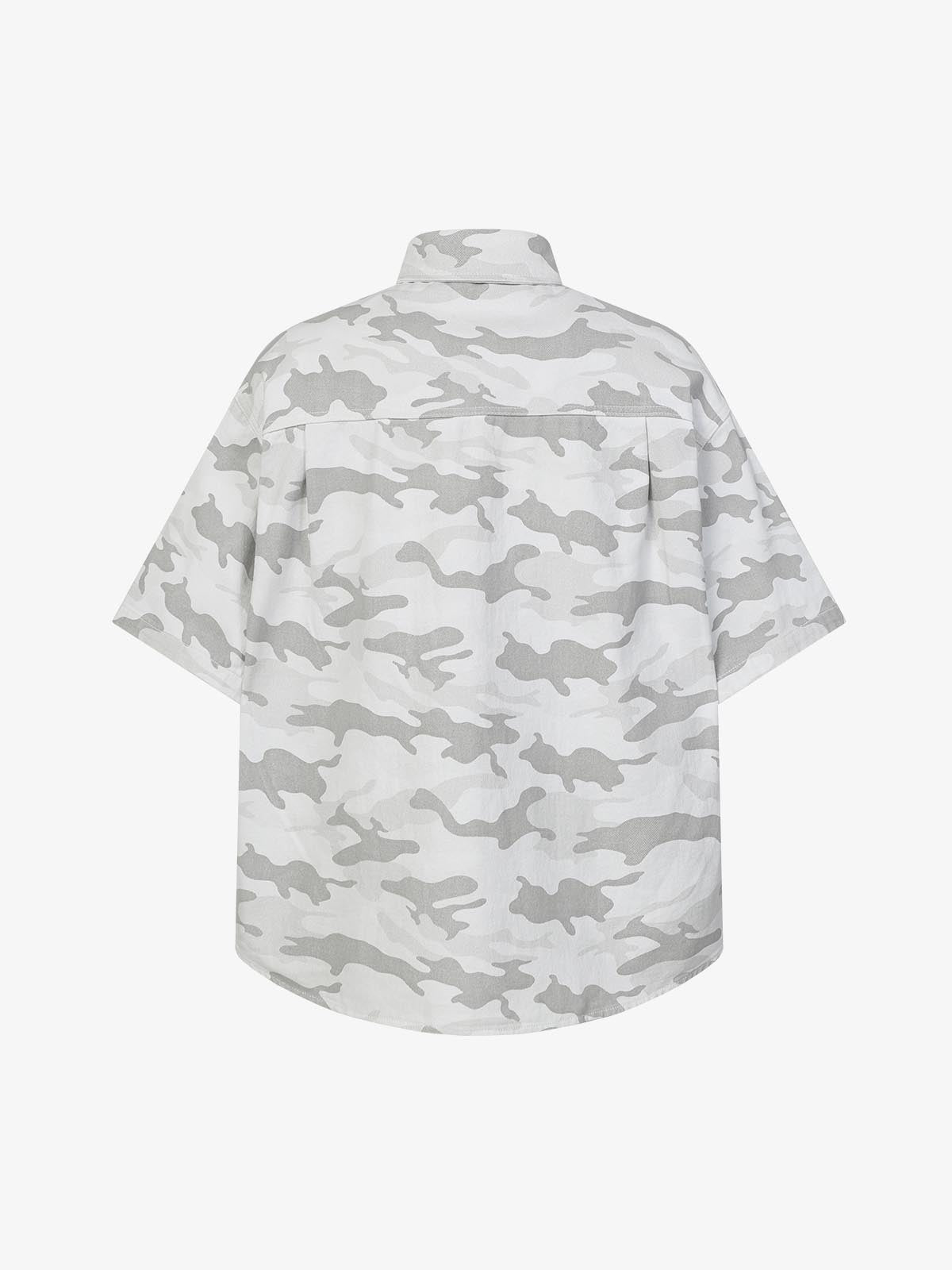Light Grey Tactical Camo Pleated Denim Shirt 