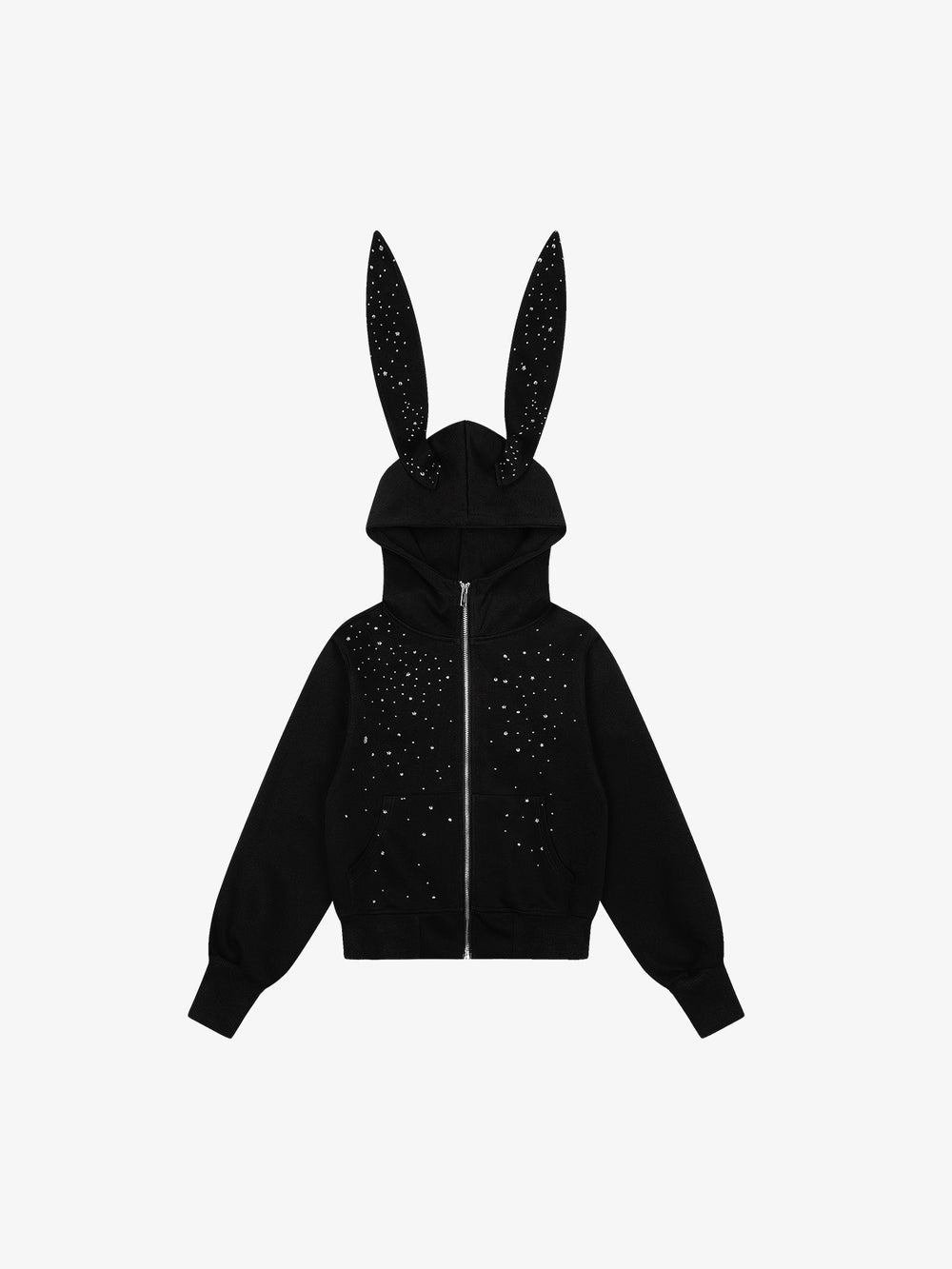 Rhinestone Bunny Ear Cropped Zip-Up Hoodie