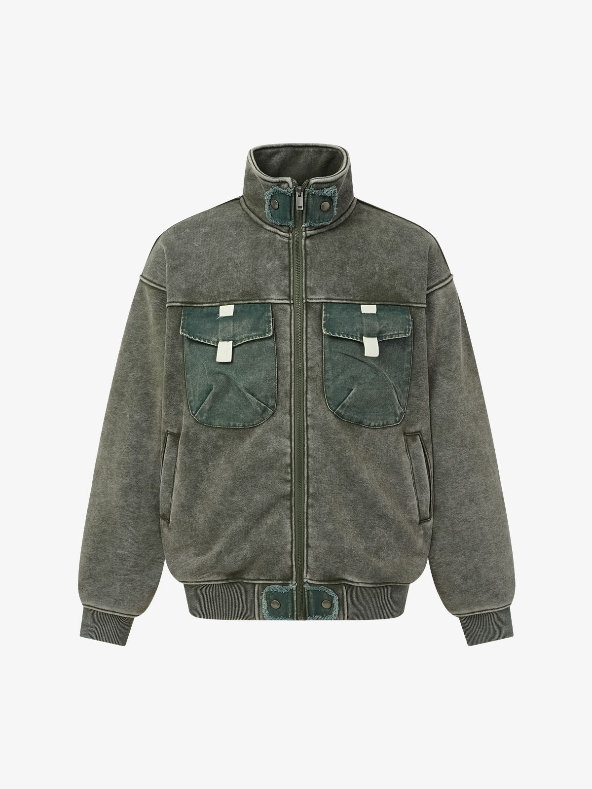 Washed Multi-Pocket Mock-Neck Workwear Jacket