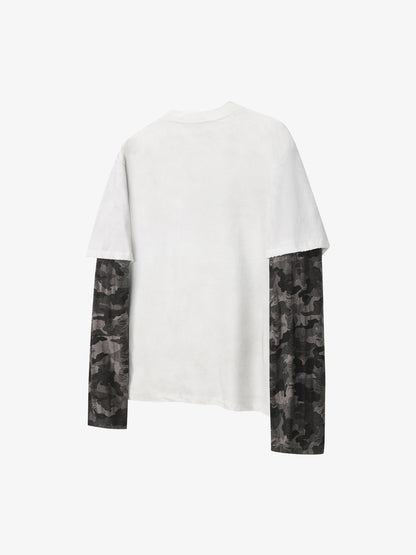 Cotton Blend Oversized Graphic Tee with Leopard Horse Print and Camo Layered Sleeves 
