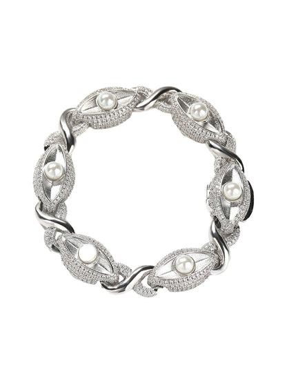 Sandblasted Pearl Eye Hotfix Rhinestone Copper Bracelet 