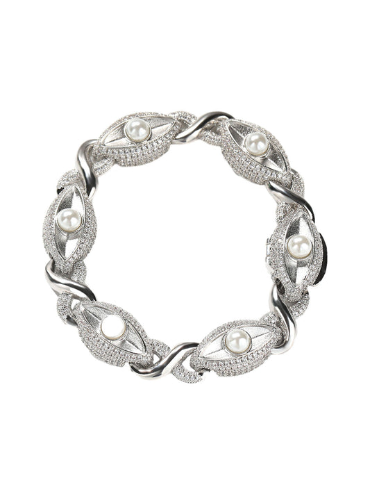 Sandblasted Pearl Eye Hotfix Rhinestone Copper Bracelet 