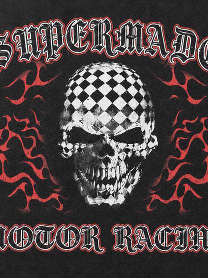 Skull Flame Checkerboard Graphic Washed Long Sleeve Tee