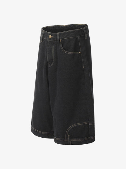 Denim Wide Leg Shorts with Skeleton Logo Embroidery and Patch Detail 