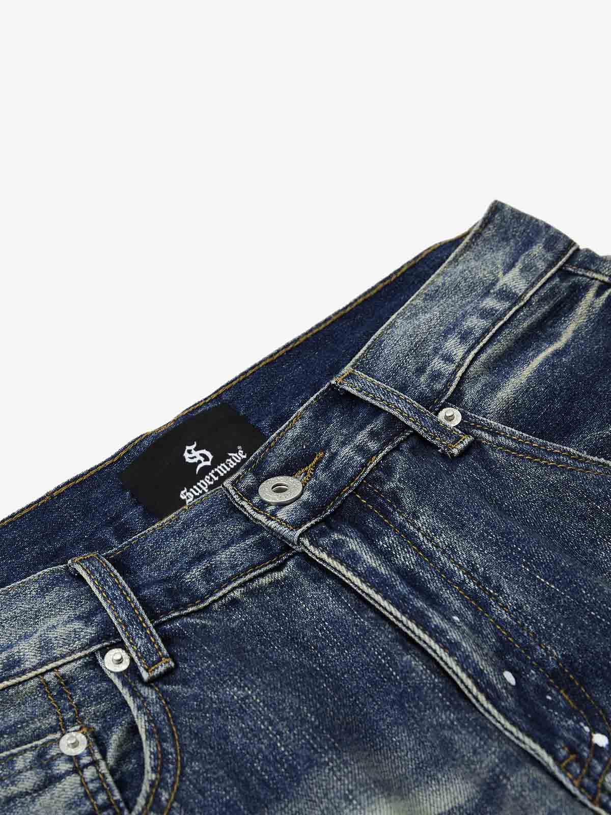 Washed Paint-Splatter Pleated Wide-Leg Barrel Jeans 