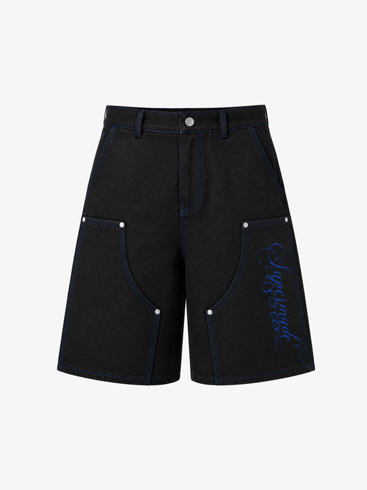 Black Utility Denim Shorts with Blue Embroidery 