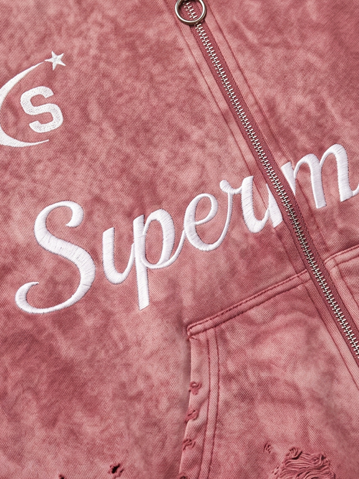 Embroidered Ripped Washed Distressed Zip Hoodie