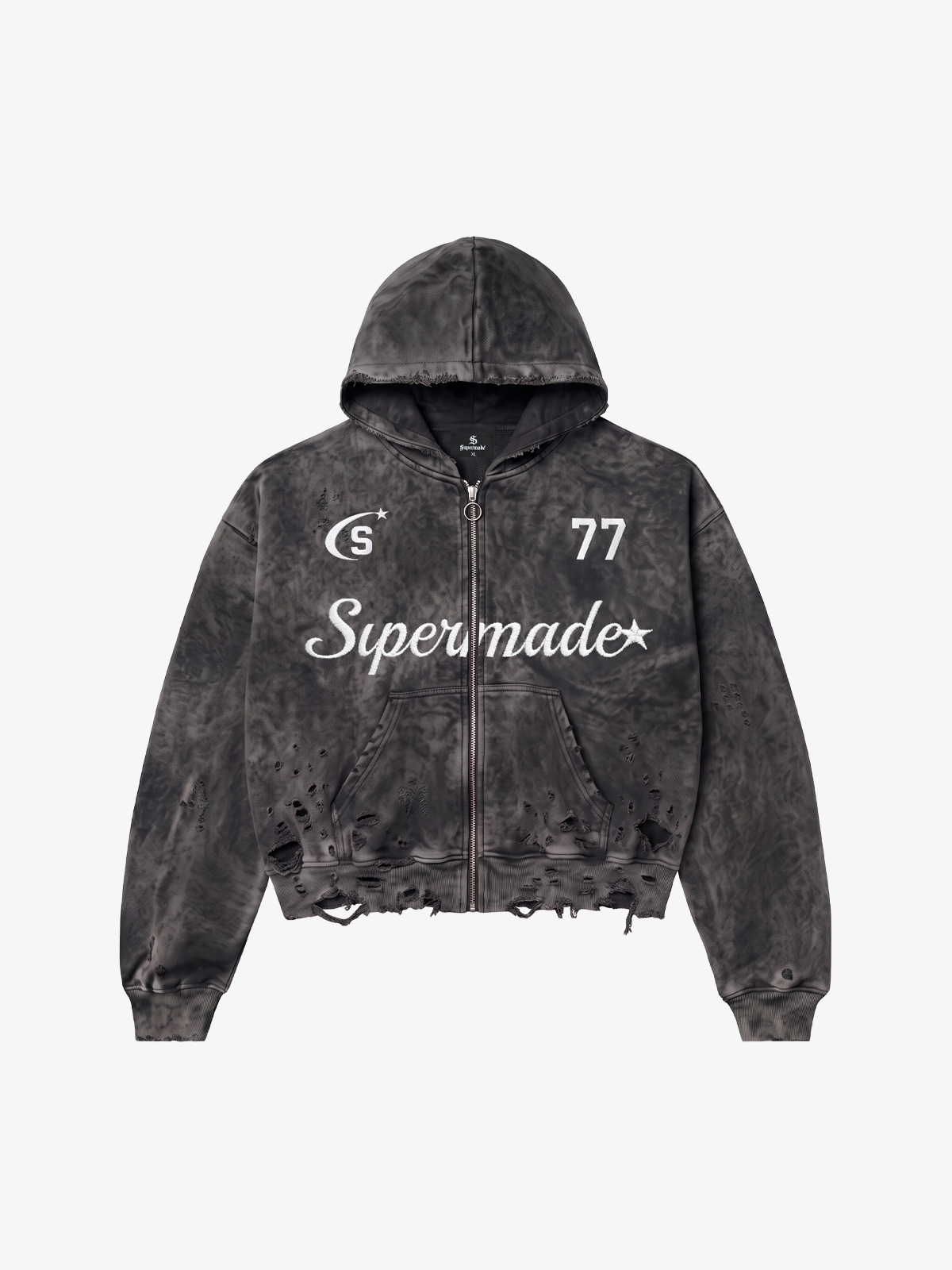 Embroidered Ripped Washed Distressed Zip Hoodie