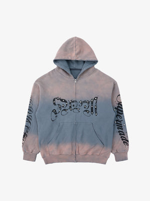 Supermade Vintage Distressed Studded Gothic Font Zipper Sweatshirt 