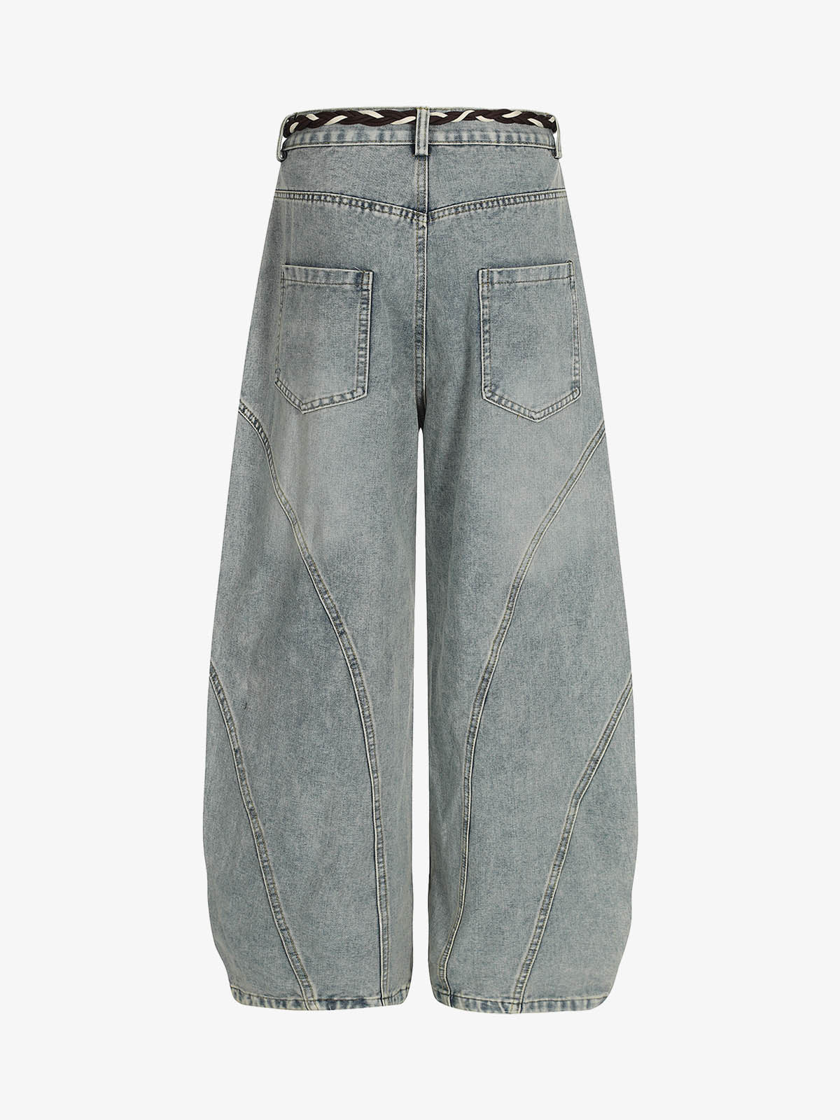 Denim Retro Belt Detail With Patchwork Barrel Jeans - 2490 