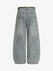 Denim Retro Belt Detail With Patchwork Barrel Jeans - 2490 