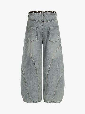 Denim Retro Belt Detail With Patchwork Barrel Jeans - 2490 