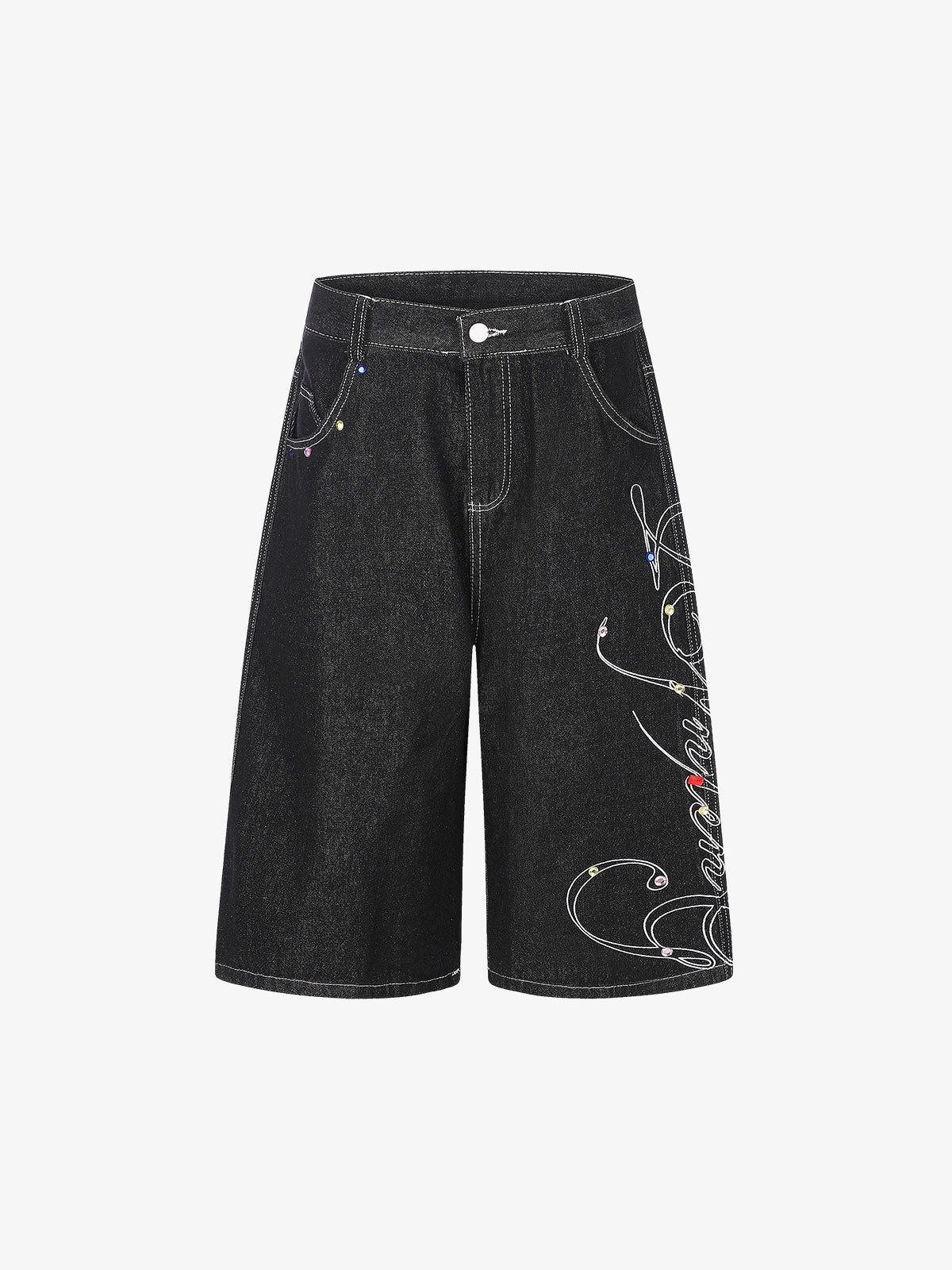 Embroidered Rhinestone Baggy Jorts