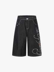 Embroidered Rhinestone Baggy Jorts