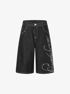 Embroidered Rhinestone Baggy Jorts