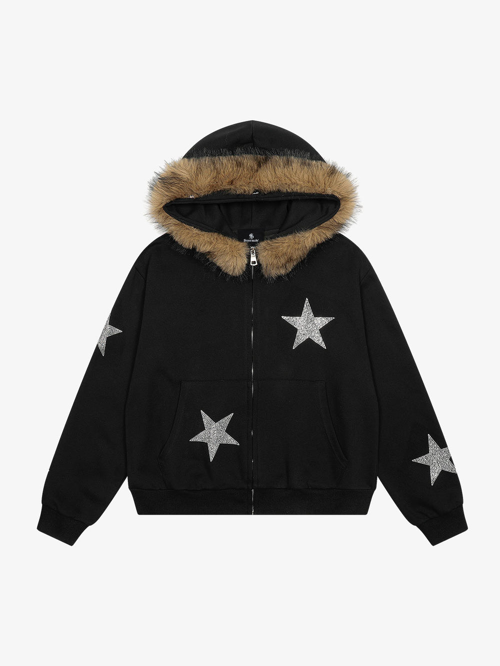 Star Rhinestone Fur Collar Zip-Up Hoodie