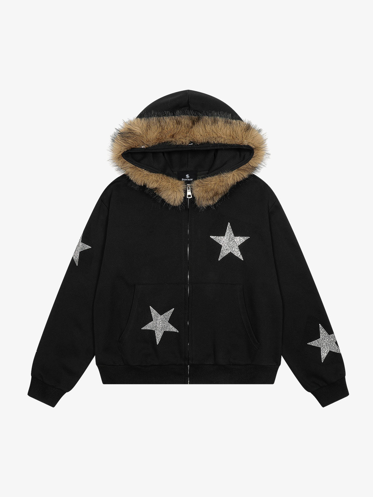 Star Rhinestone Fur Collar Zip-Up Hoodie