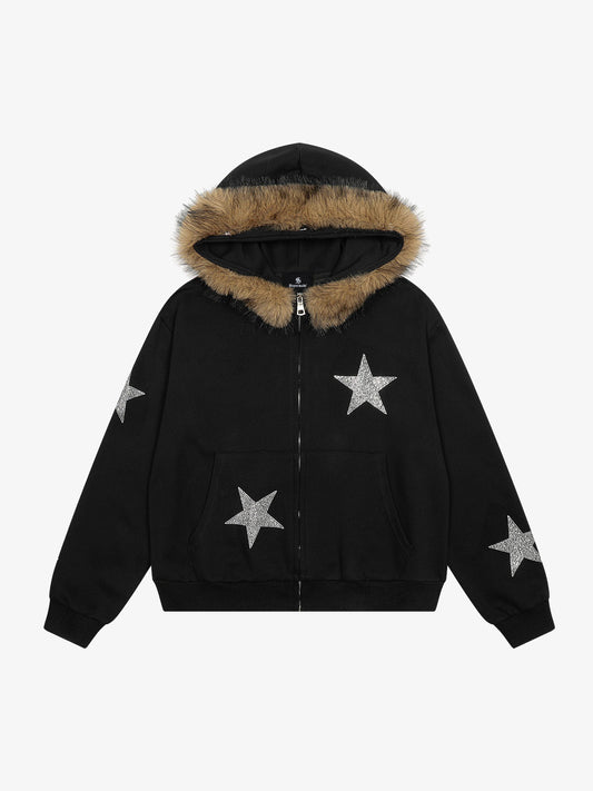 Star Rhinestone Fur Collar Zip-Up Hoodie