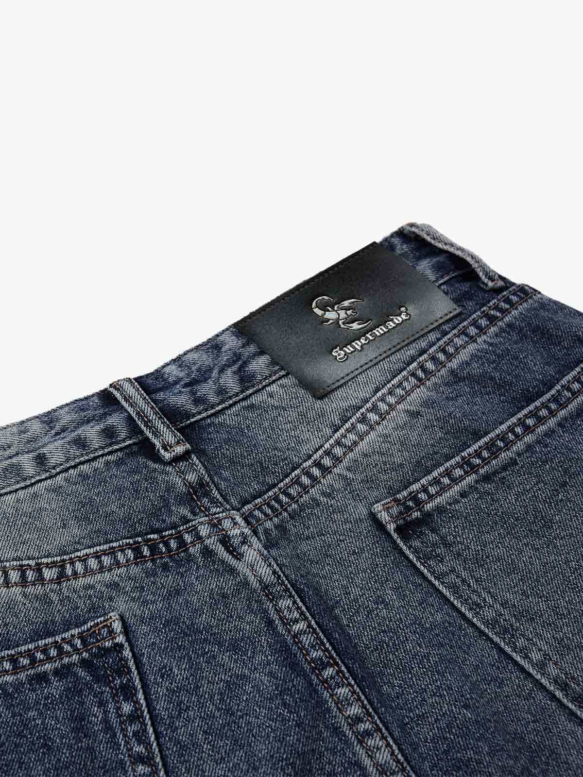 Studded Curved-Seam Washed Wide-Leg Jeans