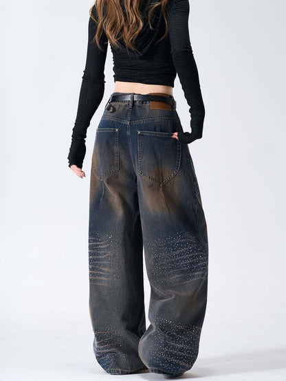 Gradient Wash Wide-Leg Jeans with Rhinestone Accents 
