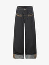 Cotton Denim Wide Leg Jeans with Leopard Print Trim High-Waisted Relaxed Fit Pants for Men and Women 