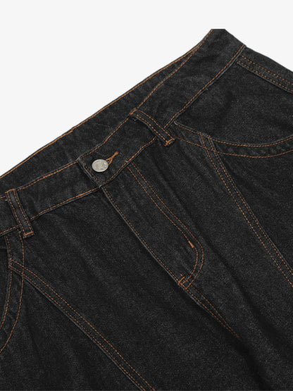Wide-Leg Denim Trousers with Distressed Pockets and Functional Design 