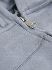Vintage Suede Letter Embroidered Cropped Zip Up Hoodie 