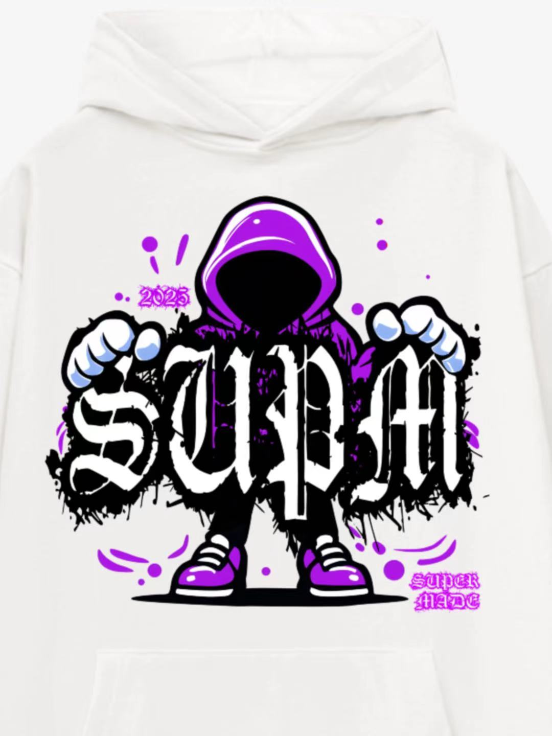White Hoodie with Purple Graphic Design 