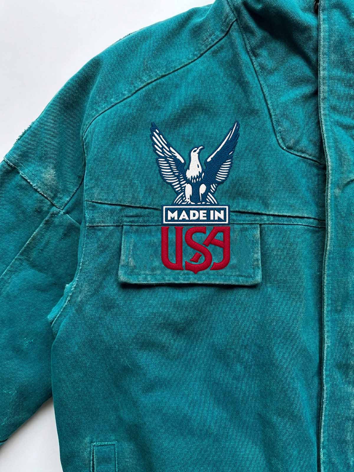 Embroidered Badge Distressed Fleece-Lined Teal Bomber Coat